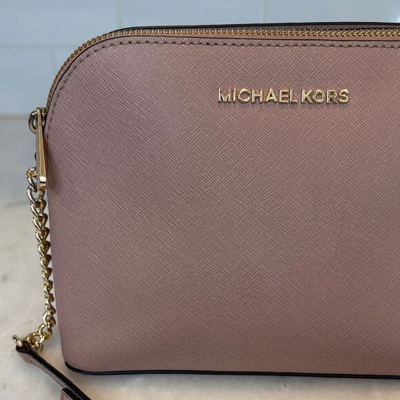 Michael Kors Crossbody Bag Purse Handbag Saffiano Leather Domed Chain-link Pink - Picture 2 of 16